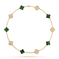 18K Vintage Alhambra Malachite Diamonds 10 Motifs Necklace